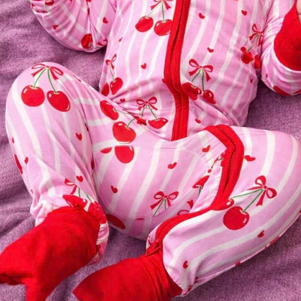 Cherry Hearts Bamboo Footie Pajamas | Cherry Print Zippy Sleeper 12-18M | NWT